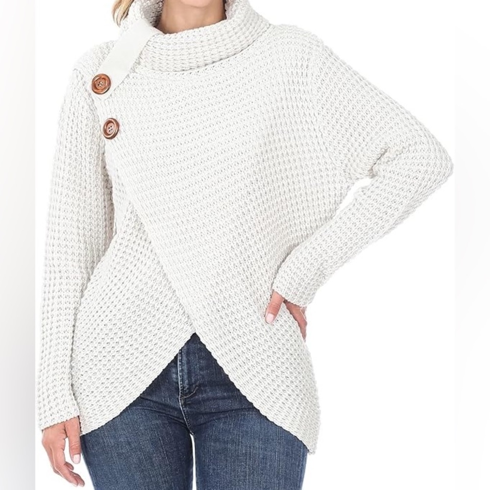 Cream Asymmetrical Waffle Knit Cowl Neck Sweater